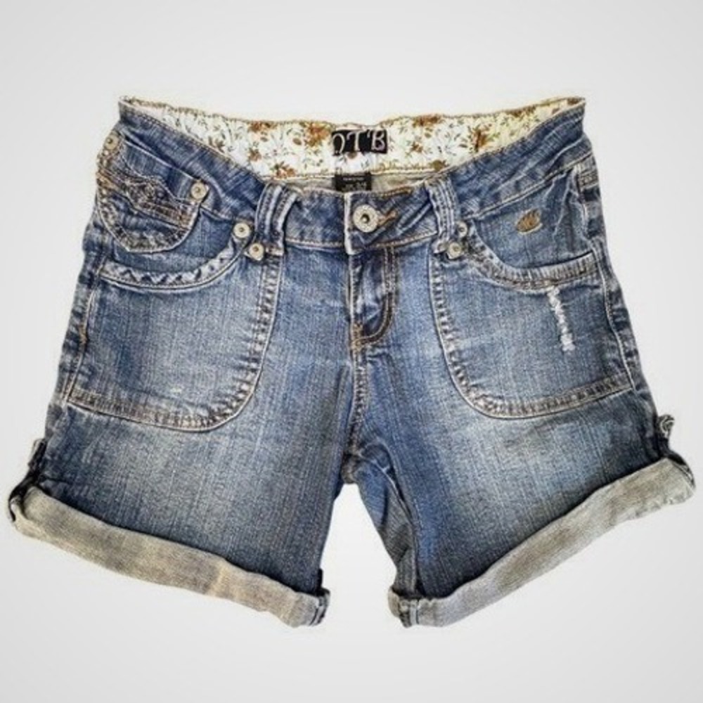 OTB Blue Denim Shorts Floral Waistband Crown Embroidery Cuffed Size 3/4